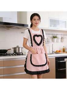 1PC Customizable Text Embroidered Cute Princess Dress Apron, Maid Style Apron, Heart Design Large Pocket Apron, Hand Drying Apron, Adjustable Apron, Art Studio Apron, Beautiful - Multicolor - View 5