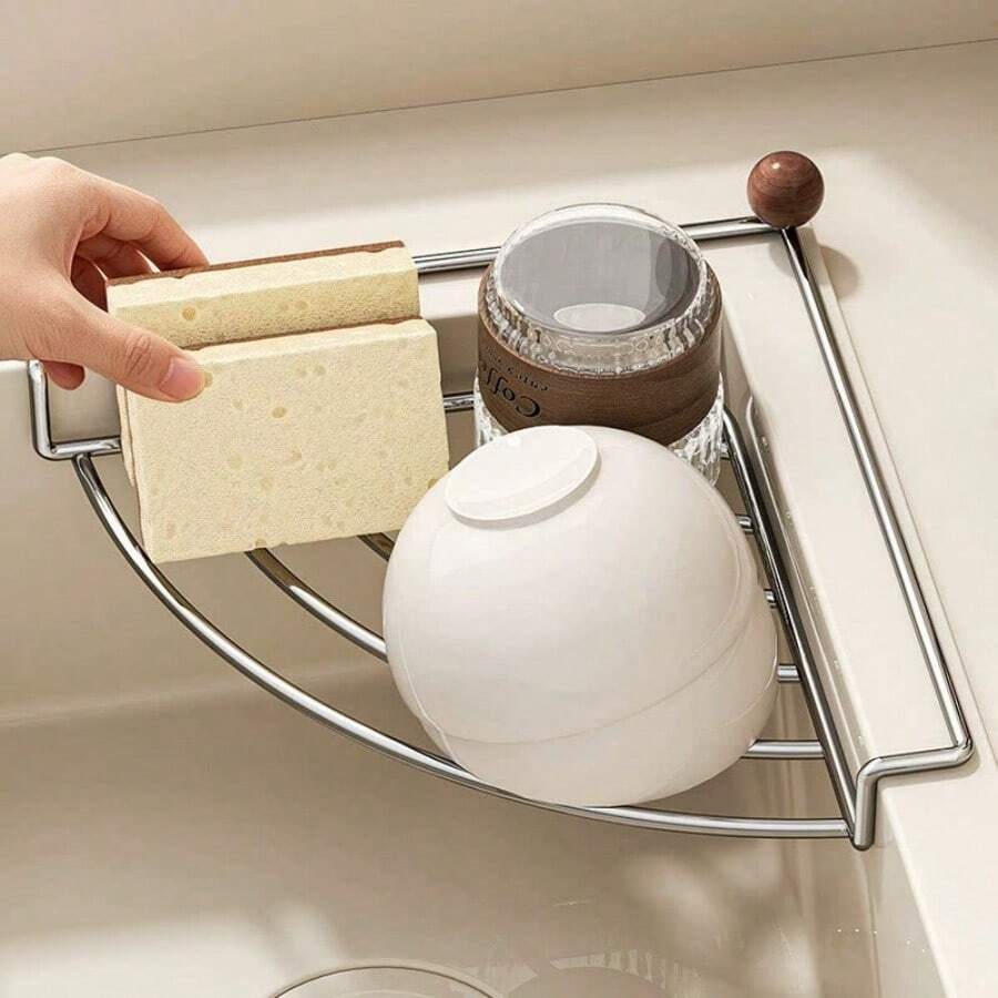 Metal Sink Corner Rack, Triangular Sink Top Drainer, For Placing Sponges, Cloths, Cups And Small Bowls, Drill-Free Space-Saving Kitchen Sink Organizer - Tripod - View 1