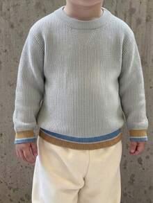 Boys' Preppy Colorblock Striped Crew Neck Knit Pullover Sweater, Suitable For School Daily Wear In Spring, Autumn And Winter - Grey - View 3