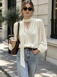 Women's Elegant Satin Blouse Lace Splice V Neck Bow Tie Neck Puff Sleeve French Style  - Beige - View 3