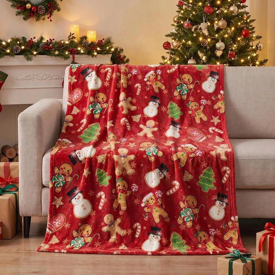 1件裝聖誕紅色背景薑餅人雪人糖果棒數位印花法蘭絨毯-現代風格,柔軟聚酯針織布料,四季舒適,多用途,適用於沙發、床鋪、旅行、露營、椅子,禮品毯 - 紅色 - 查看 1