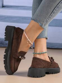New Women's Vintage Beaded Suede Solid Color Loafers, Thick Platform Serrated Sole Slip-On Wedge Pumps, Fashionable Versatile - Brown - View 6