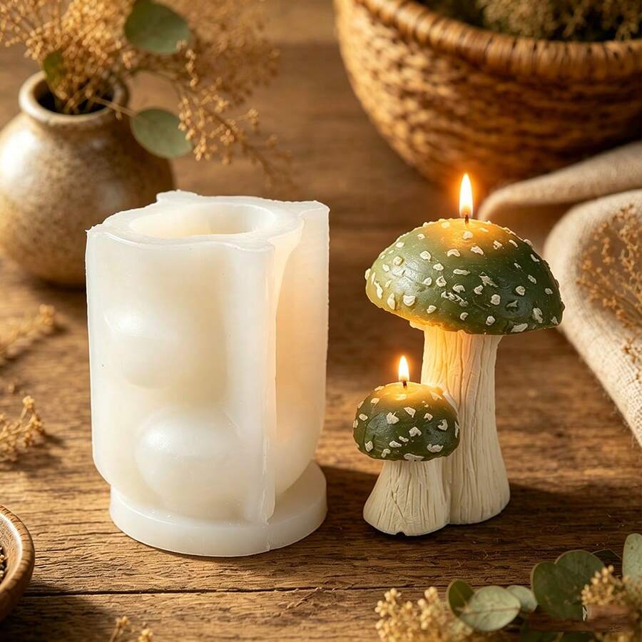 3D Double Mushroom Silicone Mold With Candle Wick Set, Non‑Stick DIY Mold For Aromatherapy Candle, Soap, Wax Melt, Resin, Plaster, Flexible Handmade Mold For Home Ornament & Gift