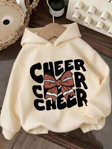 Girls' And Teens' Apricot Hooded Sweatshirt With Creative Letter And Bow Combination Print, Paired With Apricot All-Over Print Flare Pants, Fashionable And Versatile, Minimalist Yet Stylish Design Makes It An Ideal Choice For Casual Daily Wear, Especially Suitable For Autumn And Winter - Apricot - View 5