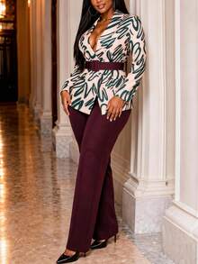 Women's Abstract Print Blazer 2 Pieces Set, Notched Collar Long Sleeve Belted Jacket, High Waist Wide Leg Pants, Office Business Commute Outfit - Green - View 7