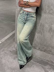 Mid-To-High Waist Distressed Washed Rhinestone Wide Leg Denim Jeans, Women's Vintage Loose Drapey Floor-Length Pants, Street Fashion Style - Nostalgic Color - View 7
