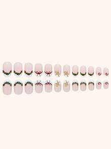 24pcs Short Oval False Nails, Christmas French-Style Gingerbread Man Bow Holly Candy Cane White Press-On Nails. Full Coverage, Removable, Suitable For Parties, Dances, Or Everyday Wear. - Multicolor - View 4