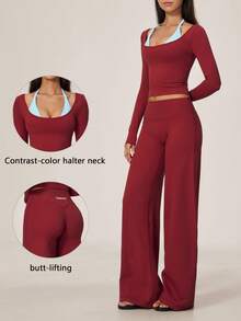 TimeOff Setelan Wanita Satu Set Musim Gugur/Dingin 2 In 1 Warna Blok Lengan Pendek dan Panjang dengan Celana Panjang Lebar - Merah - View 1