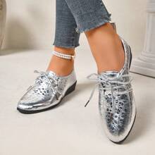 Women's Shiny Metallic Silver Pointed Toe Wedge Loafers, Vintage Lace-Up Commuter Versatile Shoes For Spring And Autumn - Silver - View 5