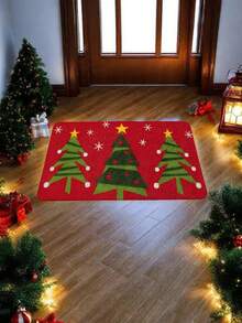 1pc Red Background Green Christmas Tree White Snowflake Gold Star Print Floor Mat, Christmas Home Decor, Premium Floor Mat, Welcome Mat, Suitable For Kitchen, Hallway, Living Room, Bedroom And Laundry Room - Easy To Clean, Durable, Long-Lasting, Christmas - A - View 7