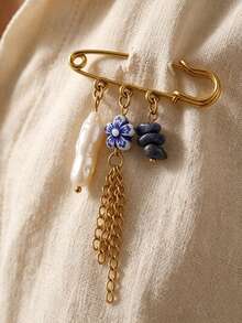 1 Pc Vintage Baroque Pearl Ceramic Natural Stone Tassel Multi-Purpose Pin Brooch Stainless Steel Dangle Lapel Pin For Clothing Decor Baby Pins Buckle - Yellow Gold - View 4