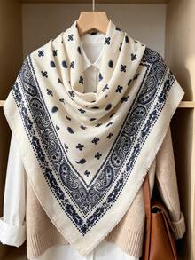1pc Women's Autumn/Winter Paisley Print Satin Bandana Large Square Scarf, Warm Versatile Wrap Shawl For Daily Wear - Off-white - View 4