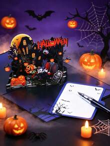 1pc Customized Halloween 3D Pop-Up Greeting Card, Scary Haunted House Pop-Up Card With Vampire And Pumpkin Pattern, Halloween Party Invitation Holiday Gift Card - Single Piece - View 4