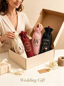 1pc Customizable Drawstring Wine Bag, Linen Wine Bottle Gift Bag, Can Print Name/Logo, Suitable For Wedding, Birthday, Christmas And Corporate Gifts - Multicolor - View 4