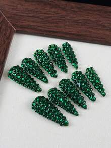 10pcs High-End Court Retro Style, Hand-Painted Three-Dimensional Green Rhinestones, Dazzling With Abundant Rhinestones Handmade Fake Nails - Green - View 3
