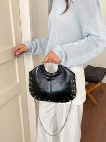 Women's Handbag & Crossbody Bag, Glossy Wrinkled Faux Leather, Metal Ring Handle, Detachable Shoulder Strap, Medium Capacity, Vintage Style, Suitable For Nightclub, Party, Date, Daily Use - Black - View 4