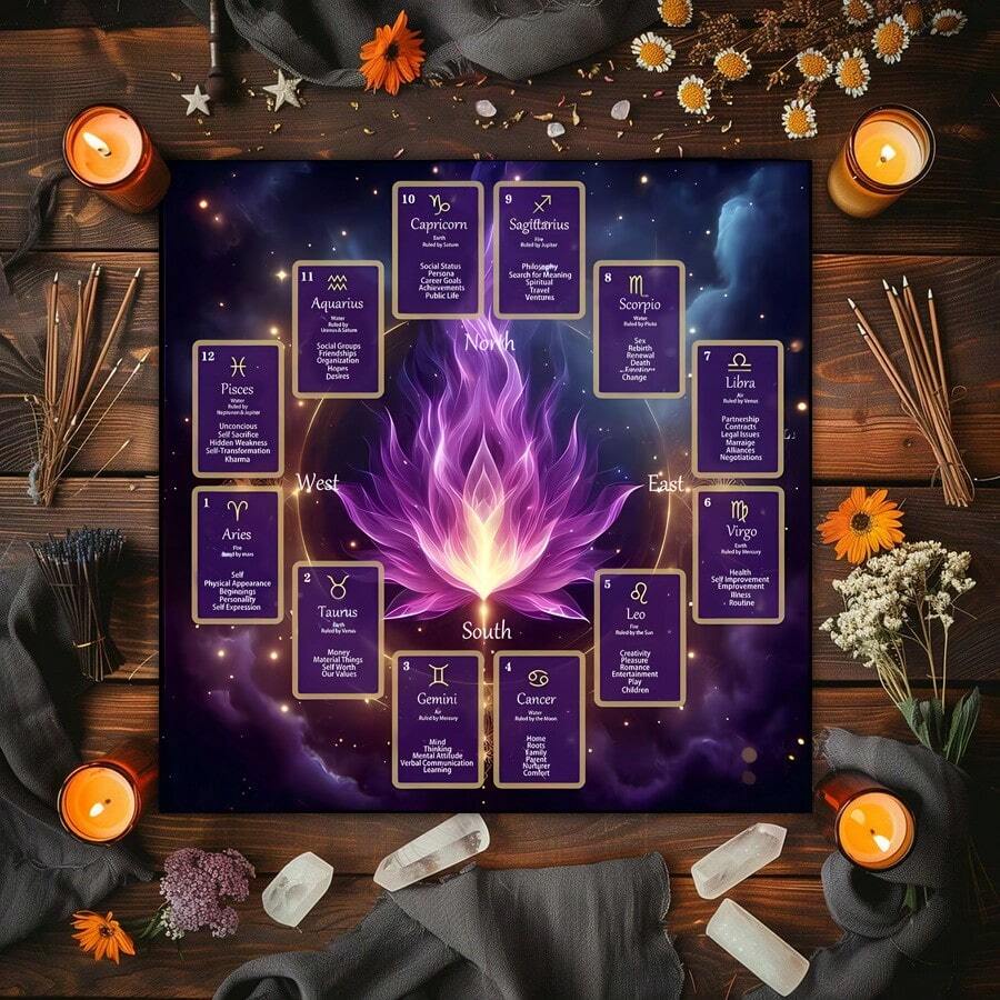 1PC Purple Galaxy Zodiac 12 Constellation Tarot Cloth, Square Astrology Altar Table Mat, Bohemian Wall Hanging Tapestry, Multipurpose Spiritual Divination Room Decor & Wall Hanging Tapestry, Witchy Spiritual Oracle Card Reading Mat Home Decor - Multicolor - View 1