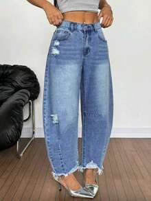 American Style Summer Casual Frayed Hem Tapered Jeans - Blue - View 4