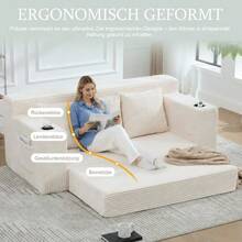 Three-Seater Sofa Made Of Cotton And Linen Fabric, With Cup Holders And Side Pockets, Can Be Converted Into Three Seats, Frameless Design With Knitted Cushions And Backrest, Large Seat - White - View 3