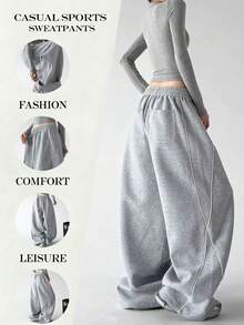 Women's New Fashion Colorblock Design Side Stripe Loose Wide Leg Sweatpants, Straight Leg Comfortable Casual Joggers With Drawstring Pockets, All-Season Wear, Versatile Slimming Dance Sweatpants - Grey - View 3