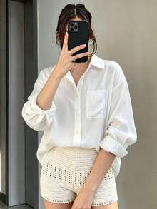 Women's Solid White Shirt, Collared Long Sleeve Button Front Pocket Blouse For Business, Office, Commute, Home, Holiday, Spring Fall Winter - White - View 5