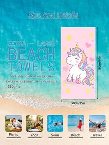 1pc Cartoon Unicorn Children's Beach Towel, Super Soft Microfiber Extra Large Beach Blanket, Super Absorbent Bath Towel, Suitable For Travel, Swimming Pool, Diving, Surfing, Yoga, Camping, Available In Multiple Sizes, Beach Accessories For Beach, Pool, Travel, Camping, Yoga - Multicolor - View 14