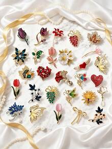 10PCS Elegant Vintage Brooch Set, Tulip Ginkgo Flower Bouquet Heart Butterfly Mixed Styles, Daily Commute Party Outfit Accent, Exquisite Gift Decoration Accessory Set - 10pcs Random Styles - View 5