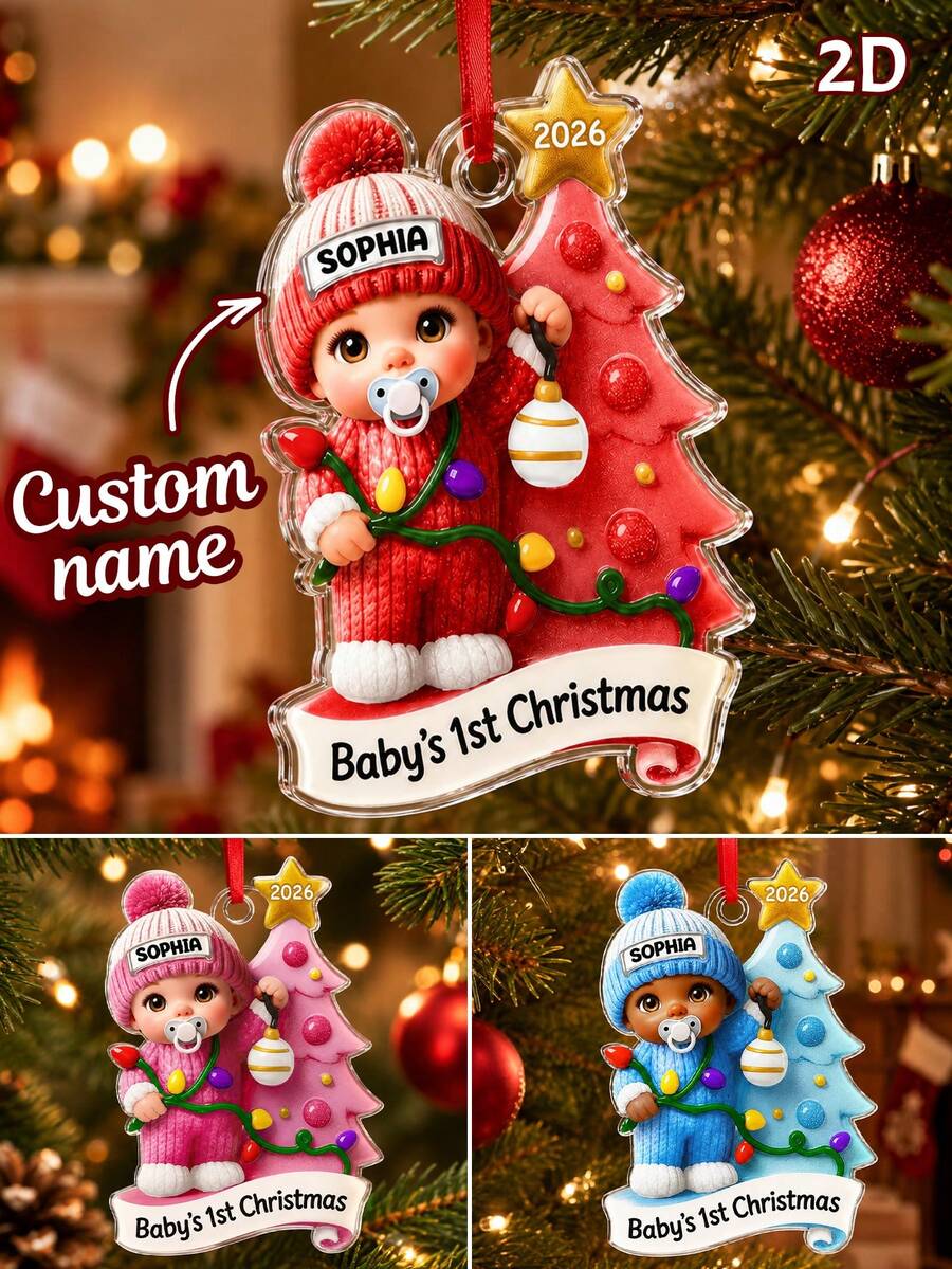 Ornamen Pohon Natal Nama Kustom, Dekorasi Gantung Liburan Personalisasi, Liontin Pohon Natal Meriah untuk Rumah dan Pesta, Hadiah Kenang-kenangan Kustom, Dekorasi Nama Keluarga yang Dapat Disesuaikan, Hadiah Natal Musim Dingin, 2D Datar, Hadiah untuk Keluarga dan Teman - Gaya D - View 1