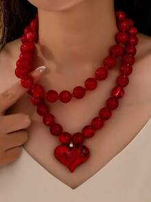OABE 2pcs/Set Bohemian Style Red Beaded Necklace With Red Heart Pendant, Women's Layered Necklace Set, Suitable For Daily Wear, Holiday/Anniversary Surprise Gift - Red - View 2