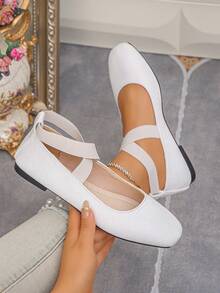 Spring/Autumn New Women's White Flat Shoes, Cross Elastic Band Square Toe Slip-On Soft Versatile Ballet Style Mary Jane Shoes - White - View 2