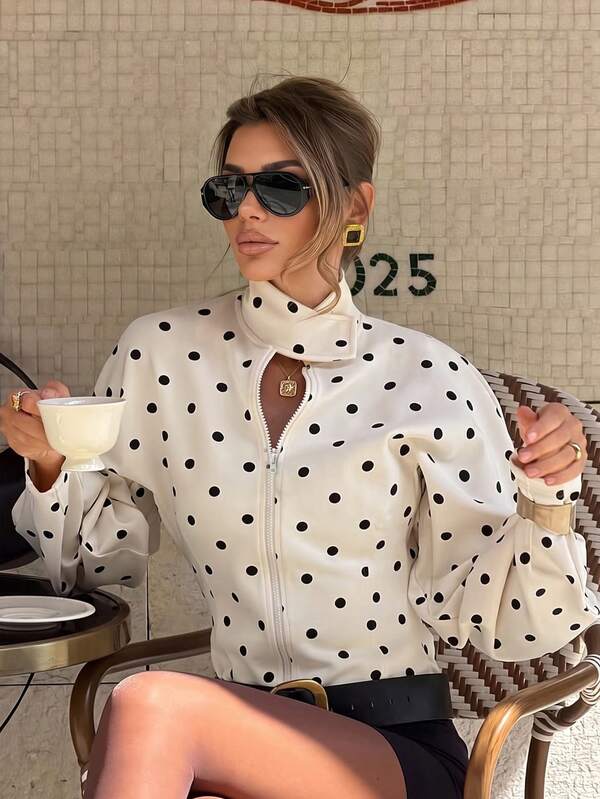 Women's Mature Vintage Style All-Over Polka Dot Stand Collar Blouse, Half-Zip Loose Lantern Long Sleeve, Suitable For Early Autumn Store Visit Casual Elegant Outerwear
