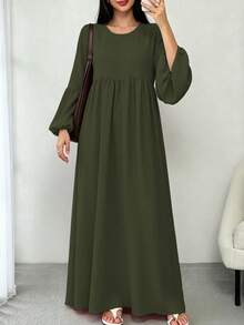 Solid Color Loose Fit Pleated Abaya, Bell Sleeve Round Neck Elegant Islamic Long Dress, Suitable For Middle Eastern Women's Daily Home Wear - Multicolor - View 35