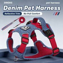 Denim Style Pet Harness, Anti-Burst Anti-Escape Reflective Dog Harness, Comfortable Breathable Mesh Lining, Close-Range Anti-Burst Auxiliary Handle, 4-Point Adjustable For Customized Fit, Suitable For Small And Medium Dogs. Leash With Wide Handle To Disperse Pulling Force And Prevent Hand Irritation. - Royal Blue - View 2