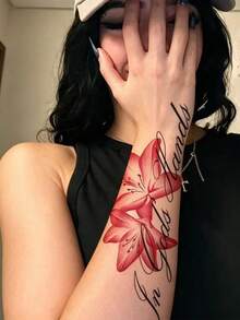 2件組情人節限量版Y2K風格紅色百合花與英文字母臨時紋身貼，防水防汗可水洗，適用於手臂與肩膀，逼真效果可維持3-5天 - 紅色 - 查看 3