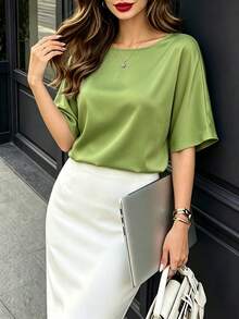 DONICY Women's Green Lace-Up Waist Round Neck Casual Top - Green - View 5