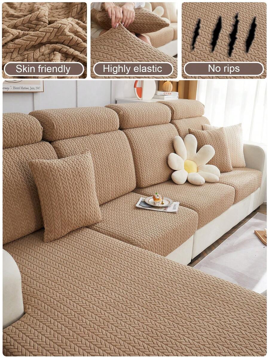 1pc Solid Color Jacquard Velvet Wheat Pattern Anti-Scratch Universal Sofa Cover, Hat-Style Sofa Slipcover, Elastic Stretch Sofa Protector, Modern Minimalist L-Shaped Non-Slip Sofa Cover, 1/2/3/4 Seater Sofa Cover For Living Room