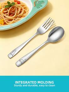 Set Garpu dan Sendok Stainless Steel 2/6/12 Buah dengan Gagang Berukir Dinosaurus, Peralatan Makan Logam yang Dapat Digunakan Kembali, Peralatan Makan dengan Pola Lucu untuk Santapan Sehari-hari di Rumah Tangga - - - View 5