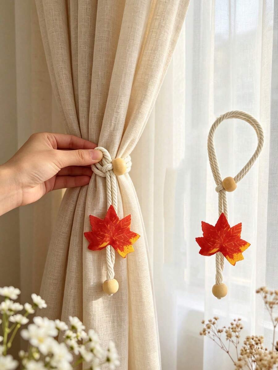 Maple Leaf Decorated Curtain Tiebacks, Adjustable Design With Pendant, Suitable For Bedroom, Study, Living Room, Bathroom, And Home Curtain Decoration - Maple Leaf - View 1
