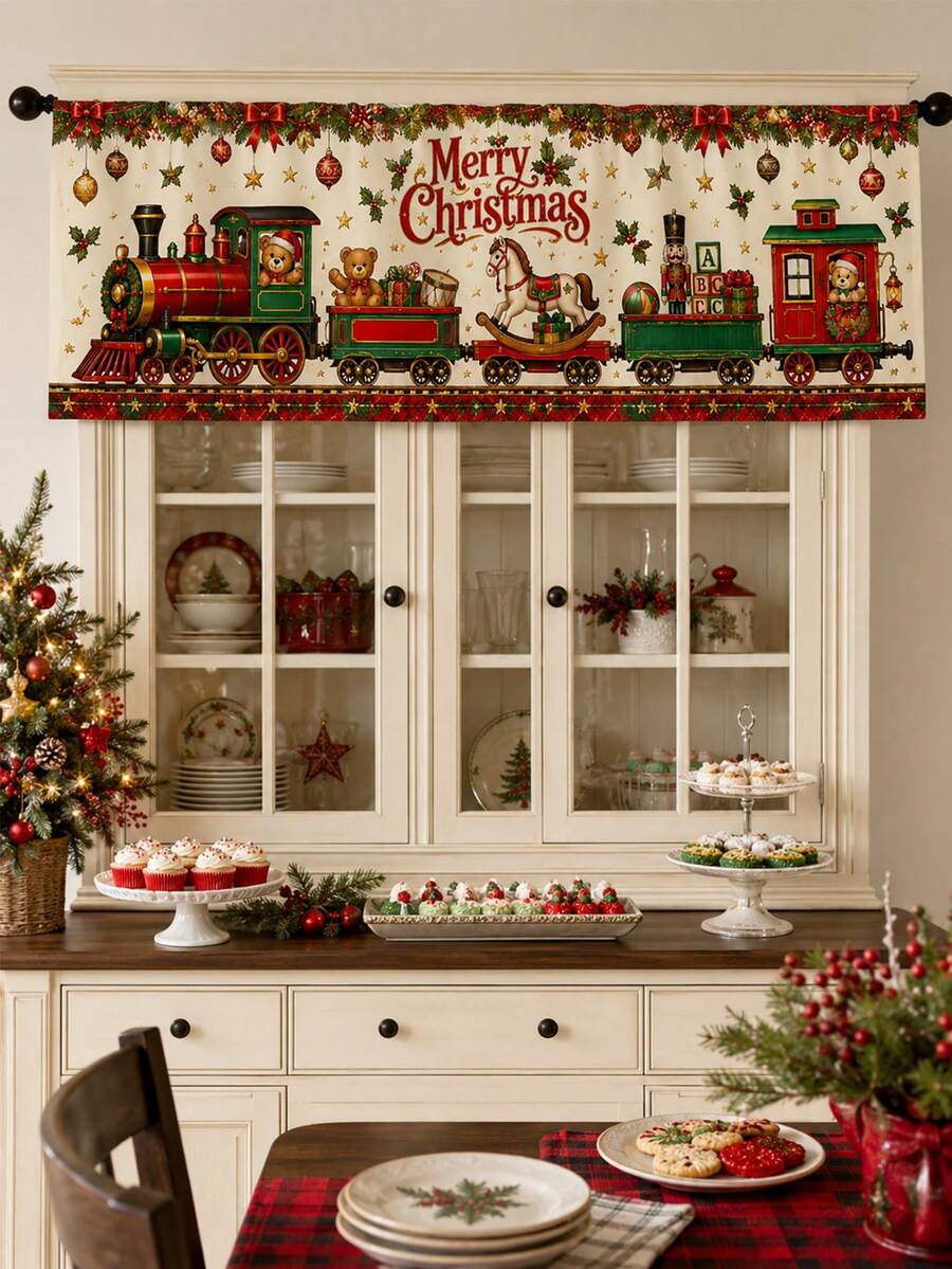 1pc Red Green Christmas Train Window Valance, Vintage Toyland Polyester Rectangular Rod Pocket Printed Short Curtain With Teddy Bear Rocking Horse & Gifts, Merry Christmas Kitchen Dining Room Holiday Party Winter Home Decor - Multicolor - View 1