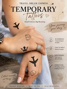 Mini Travel Temporary Tattoos For Women, Airplane Crown Elephant Minimalist Tattoo Stickers, Waterproof Small Body Art For Shoulder, Arm, Parties, Vacations, Festivals & Everyday Style - Multicolor - View 3