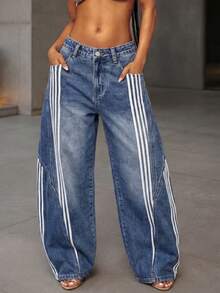 Women's Casual Daily Travel Denim Jeans With Pocket, Button And Striped Patchwork - Blue - View 4