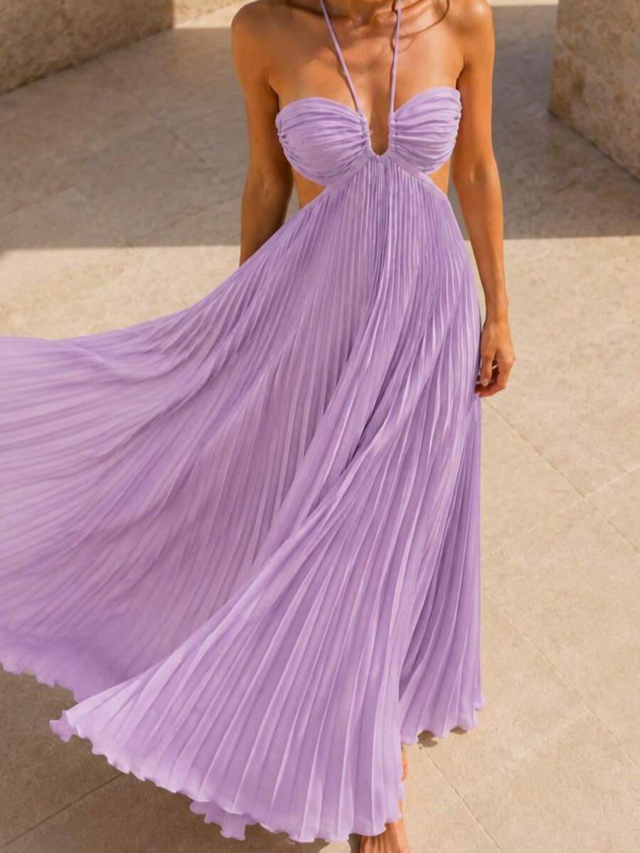 Women's Light Purple Pleated Spaghetti Strap Dress, Ruched Bust Open Back Flowy Summer Dress Elegant - Mauve Purple - View 1