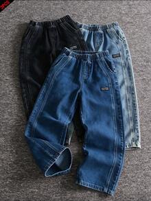 3pcs Boys' Casual Street Vintage Style Distressed Jeans With Side Panel Patchwork Design, Elastic Waistband Pockets, Spring/Summer/Autumn - Multicolor - View 9