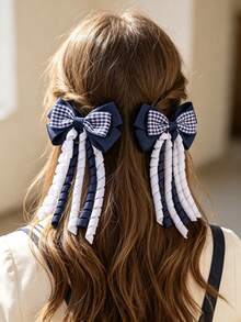 2 piezas de pinzas para el cabello con lazo azul para la vuelta al colegio, lazo con borla a cuadros, pinzas de cocodrilo con cinta de satén elegante, accesorios para el cabello de niños lindos, adecuados para regalos, uso diario en otoño/invierno - Azul Marino - Ver 2