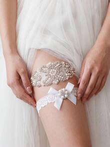 2件組新娘婚禮吊襪帶套裝，彈性蕾絲仿珍珠水鑽緞面蝴蝶結彈力腿環，新娘禮服配件 - 銀色 - 查看 5