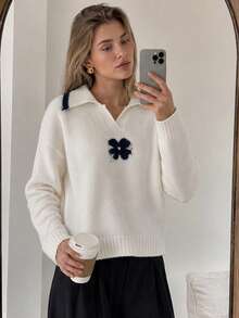 Wixra Áo len chui đầu nữ cổ ve chữ V tay dài dệt kim họa tiết jacquard hoa tương phản dáng rộng - trắng - Xem 1