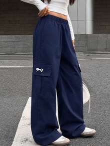 1pc Tween Girls Casual Butterfly Print Loose Cargo Pants With Pockets, Comfortable & Versatile - Navy Blue - View 1