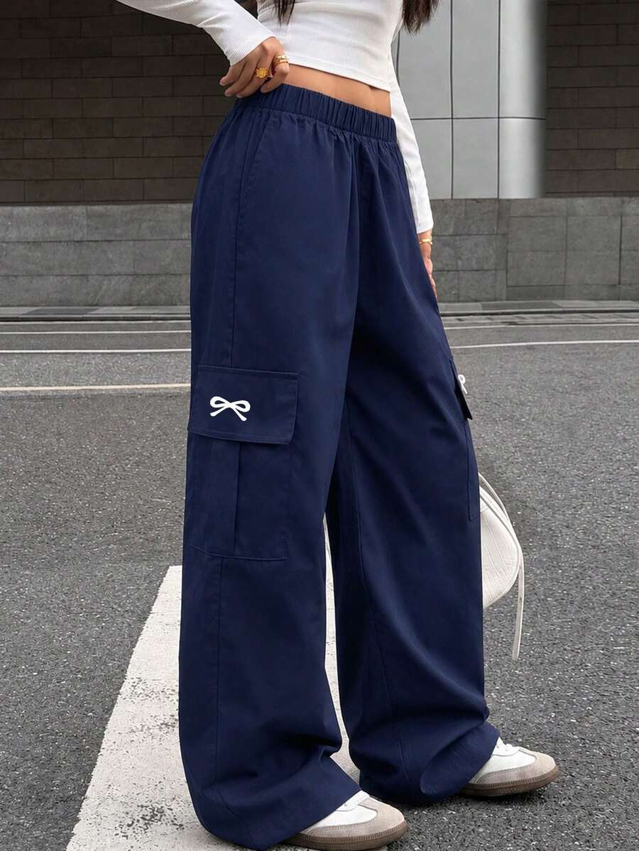 1pc Tween Girls Casual Butterfly Print Loose Cargo Pants With Pockets, Comfortable & Versatile - Navy Blue - View 1