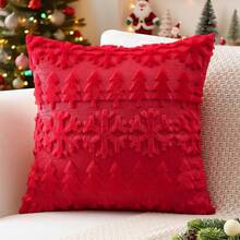1pc Textured Christmas Tree & Snowflake Pattern Throw Pillow Cover, Plush Jacquard Knit Cushion Case, Christmas Holiday Sofa Home Decor Pillowcase, Without Pillow Insert, 18X18 Red - Red Tree - View 6