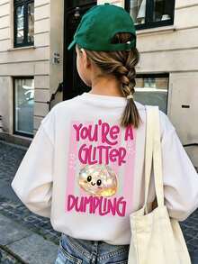 Girls Cute Cartoon Dumpling Pattern Long Sleeve T-Shirt, You're A Glitter Dumpling Letter Print Round Neck Loose Casual Daily Soft Top - White - View 2